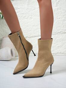 Women's Pointed Toe Ankle Boots With Zipper, Sexy Stiletto Heel, Elegant Fashion Booties, Thin High Heel Shoes, Nightclub Platform Knee-High Boots, Slim Fit Autumn/Winter - Khaki - View 13