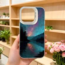 Cubierta de teléfono con diseño de galaxia estrellada azul y rosa para iPhone 14 Pro Max  protector con impresión de cielo nocturno y reflejo en agua ideal para uso diario y ocasiones especiales Aplicable a los teléfonos de la serie Apple y Galaxy - Blanco - Ver 5