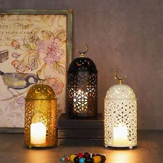1 pieza Soporte para vela, soporte de vela aromática estilo marroquí, linterna vintage con proyección de luz calada para decoración del hogar, Ramadán, Eid, para colgar en el patio exterior, porche, boda, mesita de noche, decoraciones de Año Nuevo y fiestas