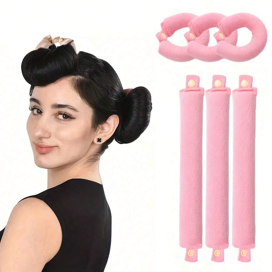 3pcs Women's No-Heat Hair Curler Set, Slouchy Sleeping Hair Curling Tool, Natural Rubber Curling Rods That Won't Damage Hair Or Scalp - Pink - View 1