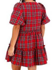 Women's Plus Size Christmas Red Dress Summer Holiday Short-Sleeve Collared Tie-Front Plaid Dress Street Style Aesthetic Christmas Outfit - Màu Đỏ Sâu - Xem 6
