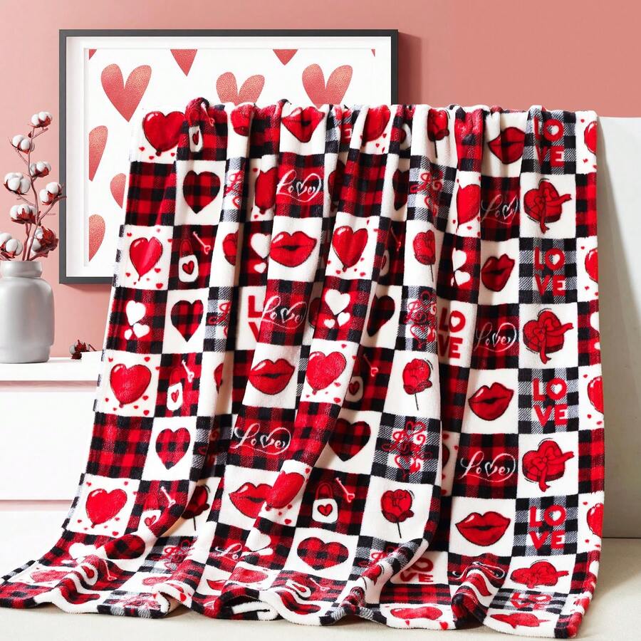 Valentine's Day Blanket - A Valentine's Day Gift Blanket For Mom Or Wife - Red Patterned Throw Pillow For The Sofa Or Bed - Decorative Checkered Blanket - Super Comfortable