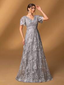 Faeriesty Mosy Elegant V-Neck Ruffled Sleeve A-Line Lace Applique Gown For Mother Of The Bride | Perfect For Formal Galas, Weddings, Evening Receptions, Black Tie Dinners, Awards Ceremonies