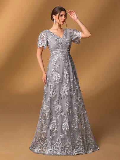 Faeriesty Mosy Elegant V-Neck Ruffled Sleeve A-Line Lace Applique Gown For Mother Of The Bride | Perfect For Formal Galas, Weddings, Evening Receptions, Black Tie Dinners, Awards Ceremonies