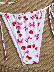 Quần bikini hở lưng in họa tiết quả anh đào và áo có chi tiết khoét sâu Đồ bơi thường ngày co giãn cao dành cho nữ - Đỏ trên nền trắng - Xem 8