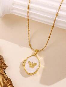 1pc Elegant Vintage Fashion Unique Golden Openable White Pearl Butterfly Pendant Necklace, Suitable For Daily Commute Wear And Women's Jewelry Matching