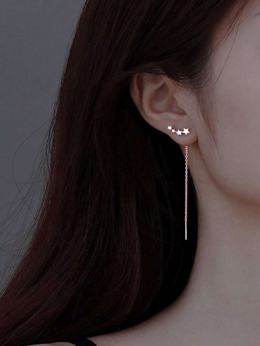 Nooxian 2pcs Micro-Inlaid Star Tassel Zirconia Ear Chain Earrings For Women