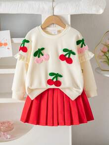 Baby Girl Cherry Blossom Ruffle Long Sleeve Top & Red Skirt Set, Autumn/Winter