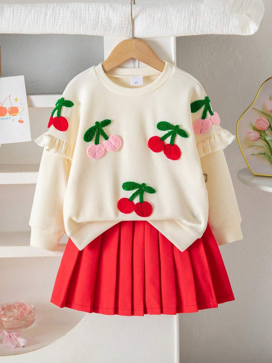 Baby Girl Cherry Blossom Ruffle Long Sleeve Top & Red Skirt Set, Autumn/Winter