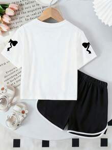 Young Girl Round Neck Numeric & Bow Print Short Sleeve T-Shirt And Elastic Waist Shorts Set - White - View 2