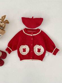 秋冬新款婴儿服装，可爱爱心兔子提花针织开衫，圆领长袖红色圣诞新年风格开襟毛衣 - 紅色 - 查看 3