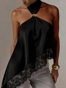 Women's Elegant Satin Blouse, Suitable For Commute, Casual, Vacation, Afternoon Tea, Music Festival, Romantic Occasions. Features Metal Button Design, Solid Color, Asymmetric/Asymmetric Lace Patchwork Design, Suitable For Spring/Summer Black - Black - View 2