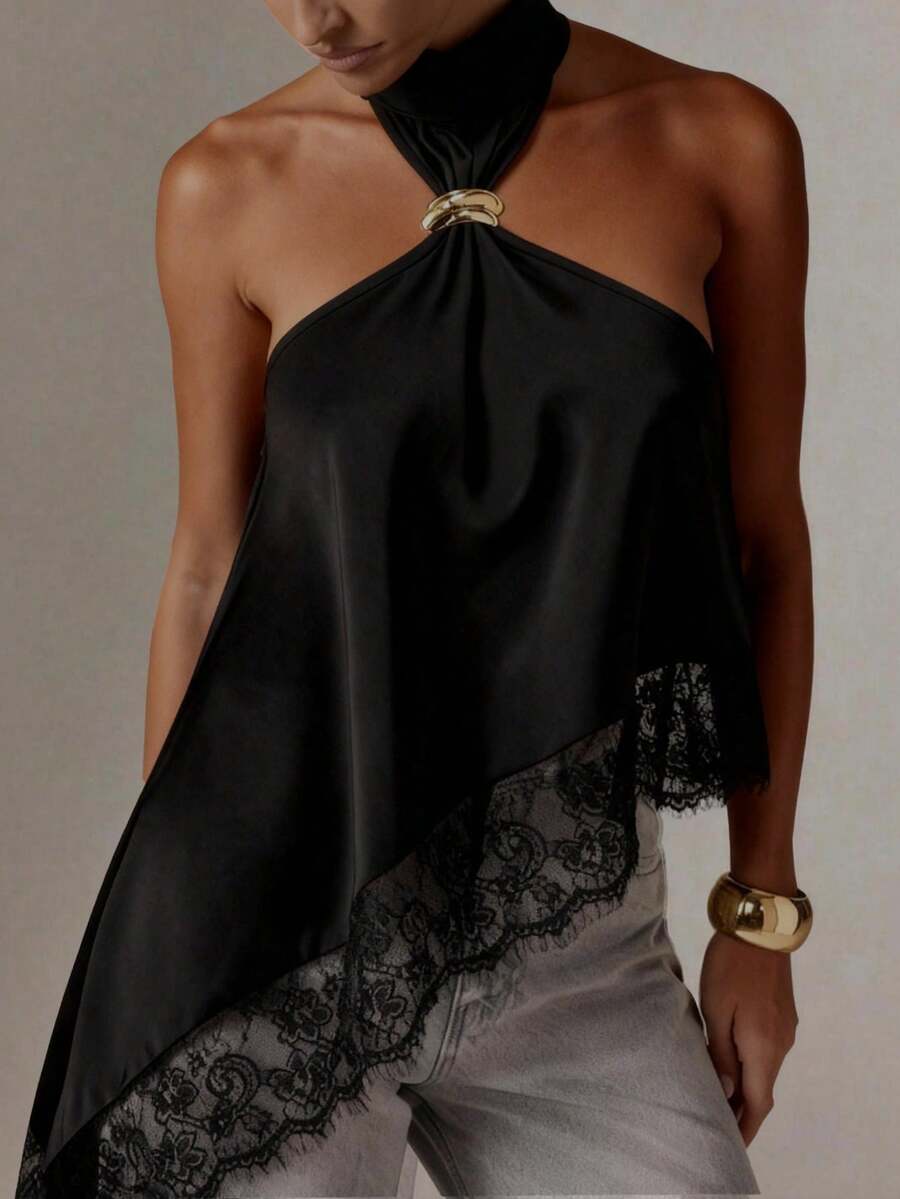 Women's Elegant Satin Blouse, Suitable For Commute, Casual, Vacation, Afternoon Tea, Music Festival, Romantic Occasions. Features Metal Button Design, Solid Color, Asymmetric/Asymmetric Lace Patchwork Design, Suitable For Spring/Summer Black