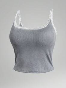 3件套女士黑白灰蕾丝罗纹背心，内置胸罩，修身短款吊带衫，Y2K风格上衣，可叠穿或单穿 - 彩色 - 查看 4