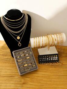 88/56 Simple Fashionable Vintage Metal Geometric Faux Pearl Pendant Necklace Set, Faux Pearl Rhinestone Earring Set, Butterfly Heart Stackable Ring Set, Metal Geometric Bracelet Set, Women Jewelry Set, Suitable For Vacation, Date, Daily, Party, Wedding, Christmas, Valentine's Day - 金黃色 - 查看 3