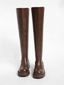 2025春秋新款女士后拉链高筒靴，过膝修身骑马靴 - 棕色 - 查看 6