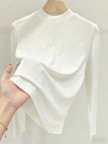 270g Autumn/Winter Thermal Stand Collar Long Sleeve Base Layer, Warm, Slimming, Solid Color, White, Versatile - White - View 4