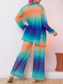 Printed Tulle Beach Cover-Up Shirt And Pants Set - Teal Blue - View 2