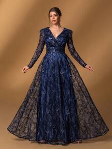 Faeriesty Đầm dạ hội Mosy Elegant dành cho mẹ cô dâu: Đầm ren đính sequin với tay áo voan mỏng – Thiết kế lãng mạn tinh tế cho tiệc cưới trên bãi biển, buổi hẹn hò và các buổi tiệc tối trang trọng. - Màu xanh hải quân - Xem 4