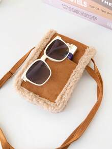 女士仿毛皮斜挎包，新款秋冬可爱毛绒拼接手机包单肩包，时尚优雅麂皮绒面料手提包，配有可调节肩带，是女士休闲外出和日常使用的完美礼物