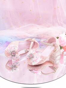 Zapatos de tacón alto con cristales azules para niñas, nuevas sandalias infantiles, zapatos con decoración de lazo de encaje hueco y semi-cerrados, zapatos de fiesta de princesa con brillo - Tacones pequeños cómodos adecuados para niñas, diseño de hebilla con brillo rosa - Rosa - Ver 4