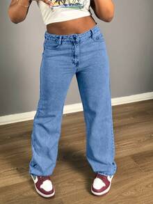 Chicsale Straight Jeans, Diagonal Pocket Loose Style Street Fashion Brand Loose Jeans, Ladies Jeans And Clothing - 中等水洗藍 - 查看 6