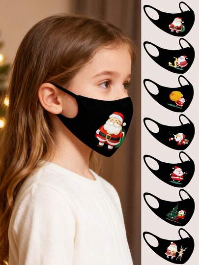 7pcs/Set Kids Christmas Tree, Snowman, Santa Claus Print Face Masks, Cute Cartoon Masks For Boys And Girls, Christmas Decorations, Children Facial Accessories