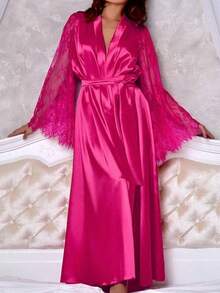 1pc - Wearable Sexy Robe, Bathrobe, Sleepwear, Satin Lace Long Sleeve Nightgown For Women, Christmas/Valentine's Day Gift (Styles Randomly Shipped), Holiday Essential, Autumn, Thanksgiving, Christmas, Carnival, National Day, Independence Day (Styles Randomly Shipped) - Red - View 14