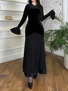 Unadoll 女士春季新款时尚圆领长袖拼接下摆纯色麂皮优雅长裙，适合送礼、外出、派对、约会、聚会、晚宴、通勤、情人节等场合。 - 黑色 - 查看 5