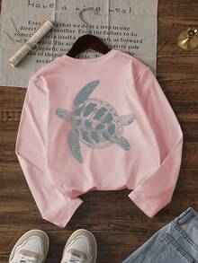 女士秋冬高领标语印花圆领长袖T恤，休闲宽松百搭假日风上衣，时尚秋季女装，适合日常穿着，粉色 - 粉色 - 查看 3