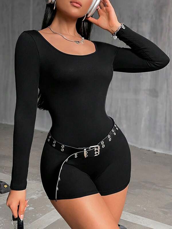 AiTyi Women's Jumpsuit, Well Fitted, Casual Minimalist Round Neck Slimming Silhouette, Fashionable Sexy Versatile Outdoor Sports, Suitable For Graduation, Back To School, Christmas, New Year, Thanksgiving, Autumn/Winter Ribbed Knit Long Sleeve Romper