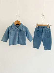 Timzgo 2pcs/Set Young Boy New Washed Blue Casual Loose Elastic Hem Denim Top & Loose Relaxed Tapered Denim Pants Set, Fashionable Versatile Design For Daily Wear - Light Wash - View 2