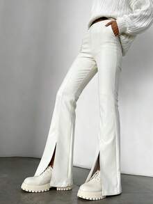 Pantalones con abertura lateral Novedades otoño/invierno Pantalones de cuero con aberturas y parches blancos de cuero sintético Pantalones de cuero acampanados y ajustados muy sexys Pantalones de cuero acampanados con aberturas y cintura alta para mujer - Blanco - Ver 4