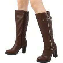 PENNYSUE Women's Knee High Boots, Fashion Chunky Block Heel Warm Winter Boots With Side Zipper For Office And Casual Wear - 棕色浦 - 查看 2