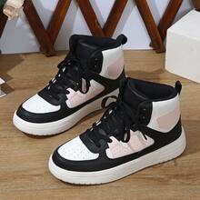 女士黑色-粉色-蓝色高帮运动鞋，休闲系带圆头舒适鞋