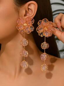 1对优雅复古夸张性感波西米亚红色心形波浪花朵DIY手工编织小石小贝壳仿玉树脂不对称流苏吊坠金铜耳环，新增仿珍珠树脂编织流苏耳环，合金花心编织流苏耳环，浅粉色透明花瓣流苏耳环 - 彩色 - 查看 2