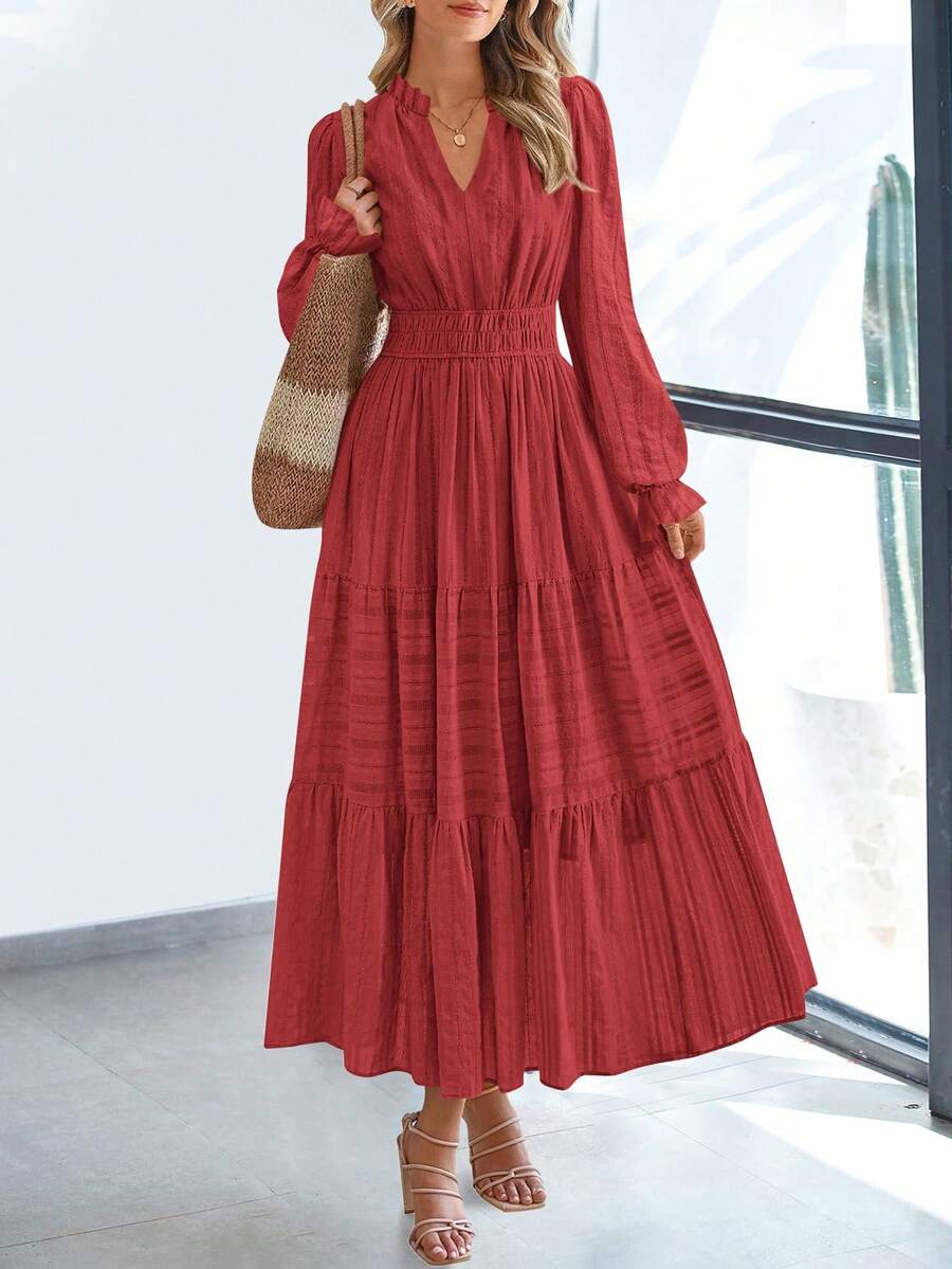 Women's  Fall Wedding Guest Dresses Long Sleeve V Neck Flowy Elegant Holiday Party Maxi Dress With Pockets - Đỏ gạch - Xem 1