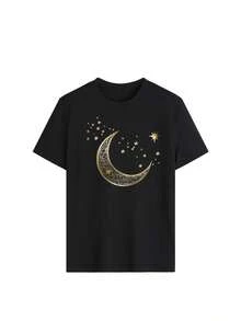 Camiseta de mujer de manga corta, cuello redondo, 100% algodón, holgada, de estilo casual y versátil con estampado moderno. - Negro-2 - Ver 4