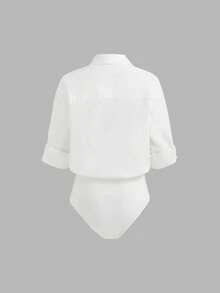 Women's Collared Roll-Up Sleeve Fitted Blouse - White - View 7