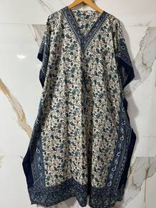 kafta longo  Pano    Dividido  Cordão    vestido  Praia  Férias - Azul e Branco - Visão 3
