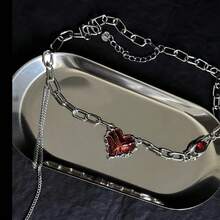 1pc Hip Hop Red Heart Pendant Collarbone Chain Necklace For Men Christmas New Year Valentine's Day Holiday Gift - 銀色 - 查看 2