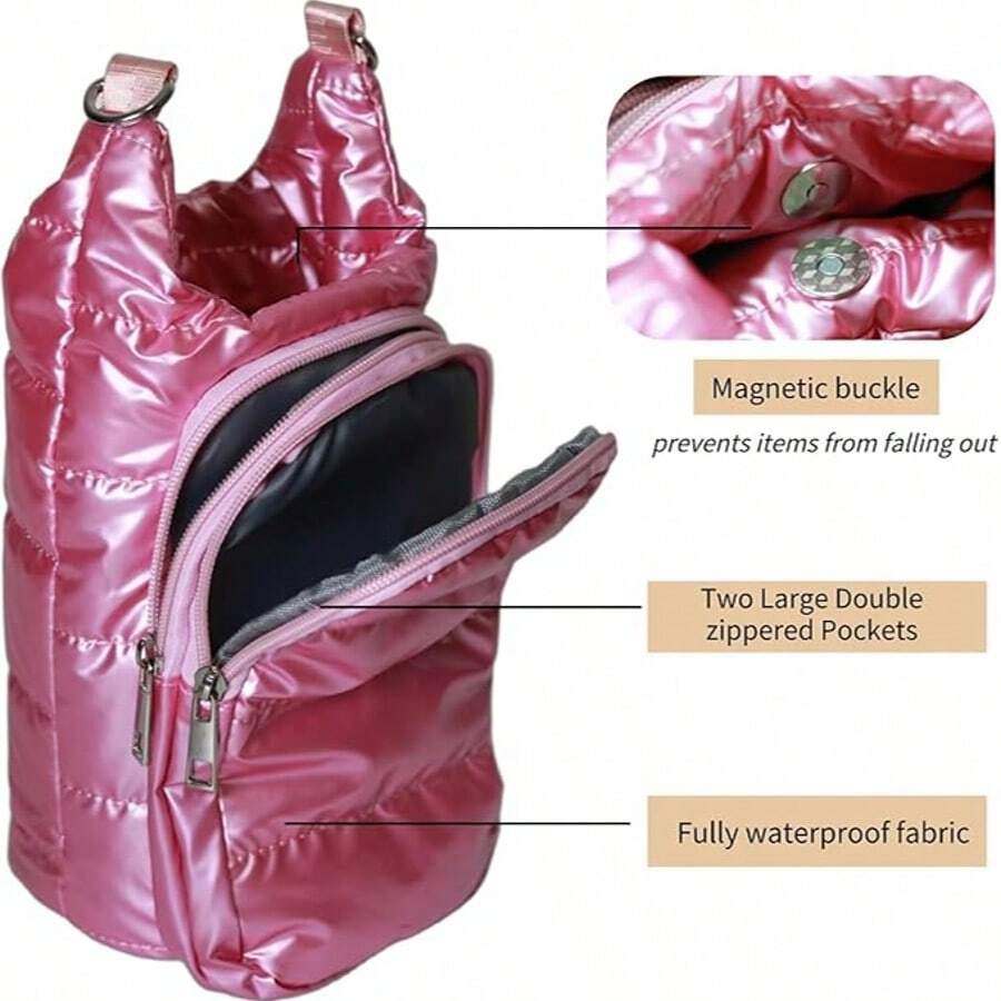 Water Bottle Holder With Strap, Hands-Free Crossbody Water Bottle Carrier Bag W/Phone Pocket - 玫紅色 - 查看 1