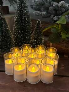 12-Pack Of Clear Acrylic Flickering Flameless Candles With Remote Control, 1.5 Inch X 2.3 Inch Cup-Shaped Candles, Battery Powered, Small LED Electronic Candles, Suitable For Room Decor And Indoor/Outdoor Christmas Decorations. - 暖白光 - 查看 5