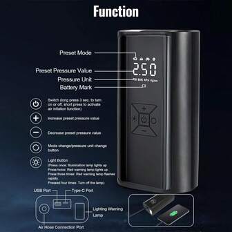 Inflador de neumáticos de 150 PSI y 120 W con luz LED, manómetro de presión de neumáticos portátil, compresor de aire con pantalla LCD inalámbrica