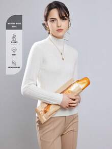 Áo len cổ cao nữ mùa thu/đông, 100% len Merino, dáng rộng, chất liệu dệt dày dặn, thích hợp cho kỳ nghỉ, công sở, nhà cửa, du lịch, sân bay, giữ ấm. - trắng - Xem 3