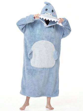 Manta con capucha con diseño de tiburón lindo de manga larga, bata con capucha adorable de invierno para mujer, bata de disfraz de fiesta con tema de animales gruesa