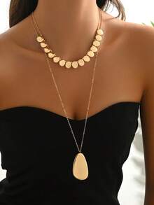 2pcs Minimalist Layered Necklace Set, 1pc Geometric Beaded Short Necklace + 1pc Asymmetrical Water Drop Pendant Long Necklace, Metal Style Necklace Set - Yellow Gold - View 4