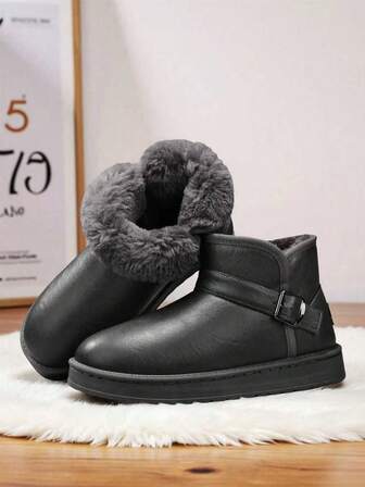 Men's Short Plush Lined Leather Buckle Design Anti-Slip Thick Sole Warm Snow Boots, Suitable For Indoor & Outdoor Wear, Autumn/Winter