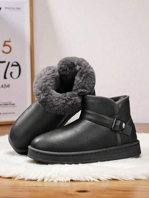 Men's Short Plush Lined Leather Buckle Design Anti-Slip Thick Sole Warm Snow Boots, Suitable For Indoor & Outdoor Wear, Autumn/Winter