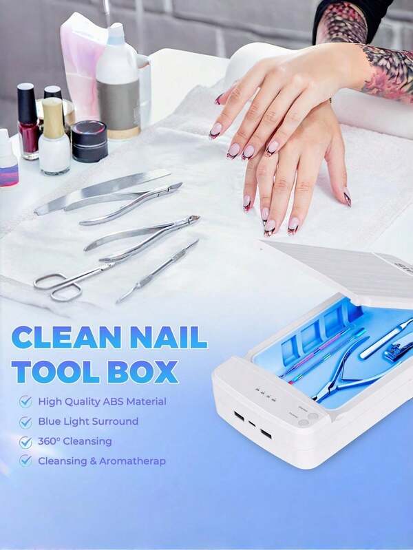 UV Nail Tool Sterilizer Box, With Blue Light, Multi-Function USB Port, Suitable For Nail Tool Sterilization And Aromatherapy, Applicable For Professional Nail Salon, Nail Tools, Makeup Tools, Tweezers, Jewelry, Phones, Watches, Keys, And More